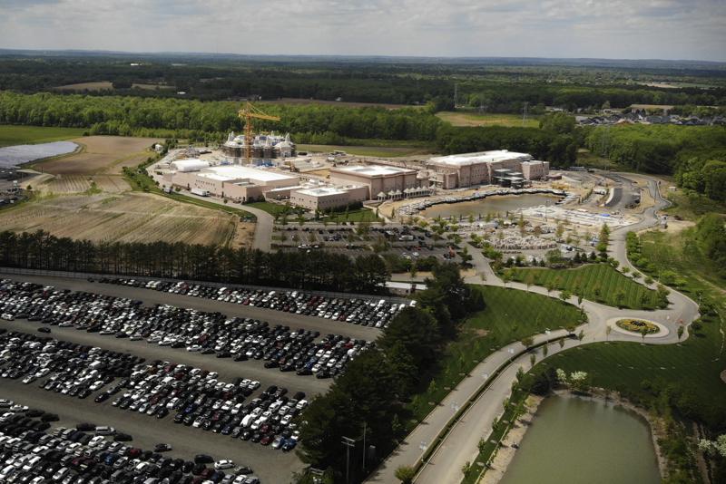A view of the BAPS Shri Swaminarayan Mandir in Robbinsville Township, N.J., Tuesday, May 11, 2021. A lawsuit claims workers from marginalized communities in India were lured to New Jersey and forced to work more than 12 hours per day at slave wages to help build a Hindu temple. 