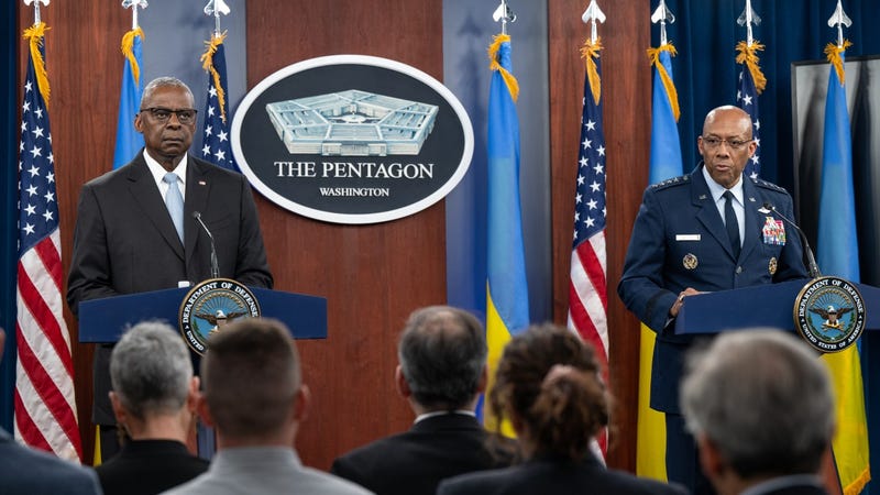 Then-Secretary of Defense Lloyd J. Austin III and then-Joint Chiefs of Staff Chairman Air Force Gen. CQ Brown, Jr. conduct a press briefing at the Pentagon, Washington, D.C., May 20, 2024