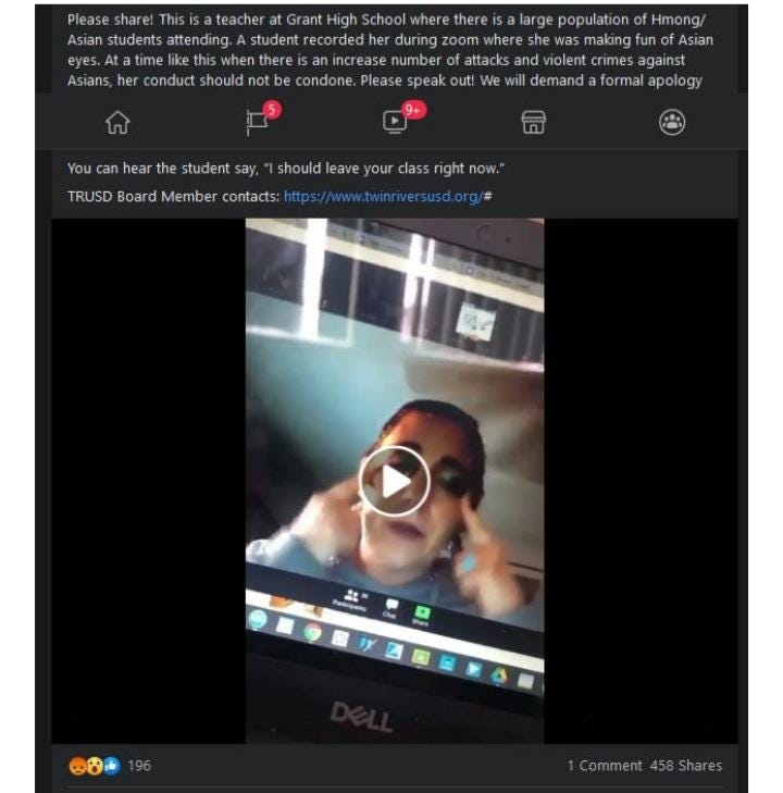 A screenshot of the alleged offensive gesture by a Sacramento area high school teacher, which was shared on social media but later taken down.