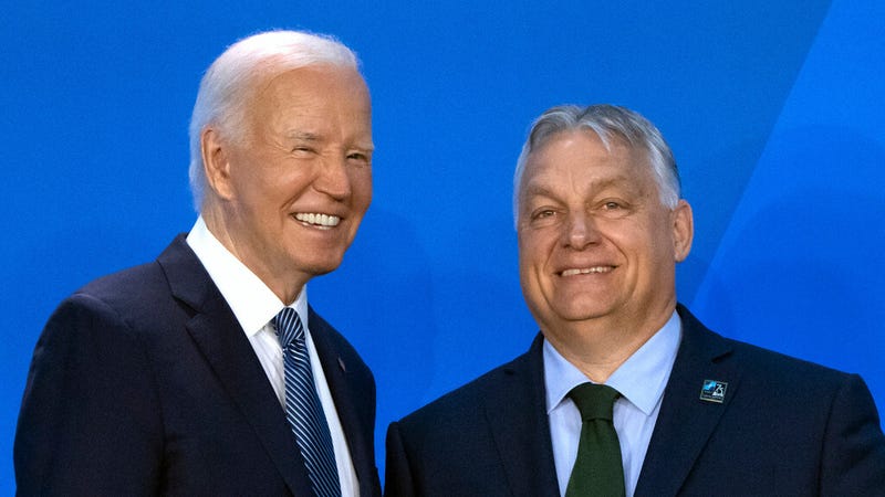 President Joe Biden, left, greets Viktor Orban, Prime Minister of Hungary, as he arrives for a welcome ceremony at the NATO summit in Washington, Wednesday, July 10, 2024.