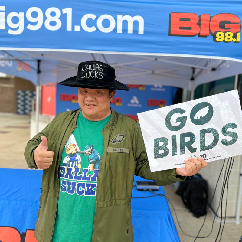 Eagles fans with BIG 98.1's Dallas Sucks hat before the Eagles vs. Cowboys game