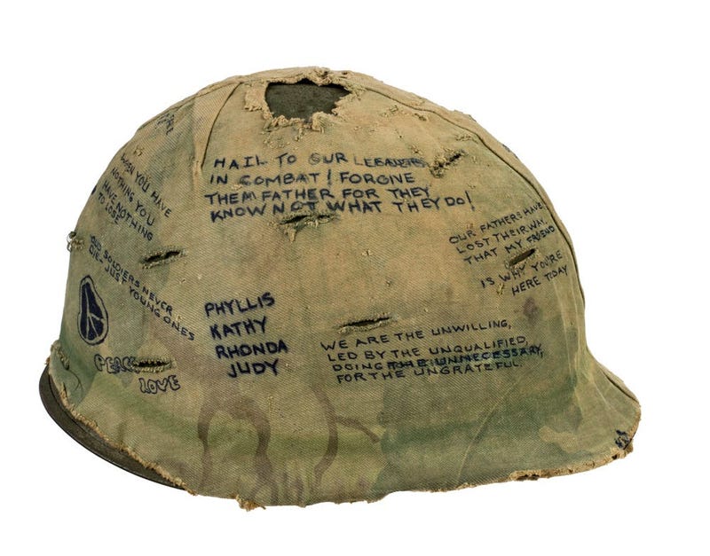 Veteran Sal Gonzalez wore this helmet liner at the meat-grinder battle dubbed “Hamburger Hill.” In May 1969, scores of Americans died or were wounded in repeated assaults up heavily defended Ap Bia Mountain. 