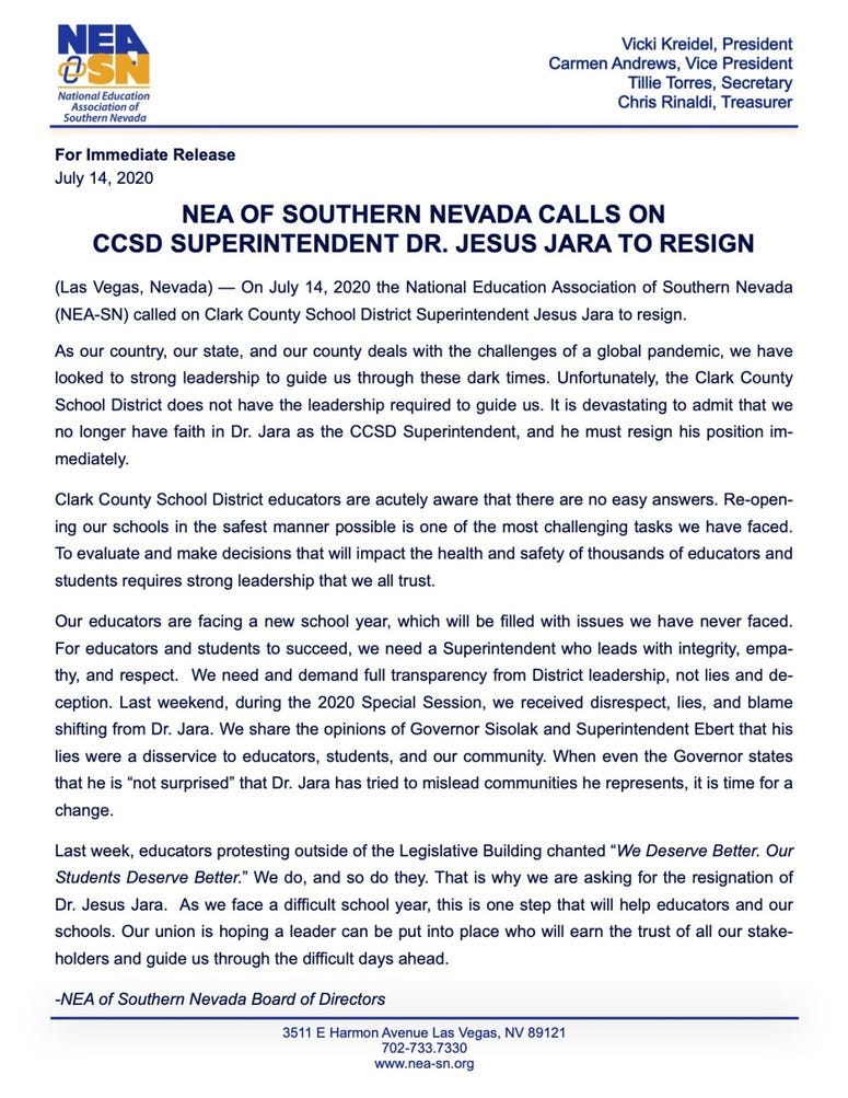 National Edu Assn Of S. Nv Statement Calling For Resignation Of Jesus Jara