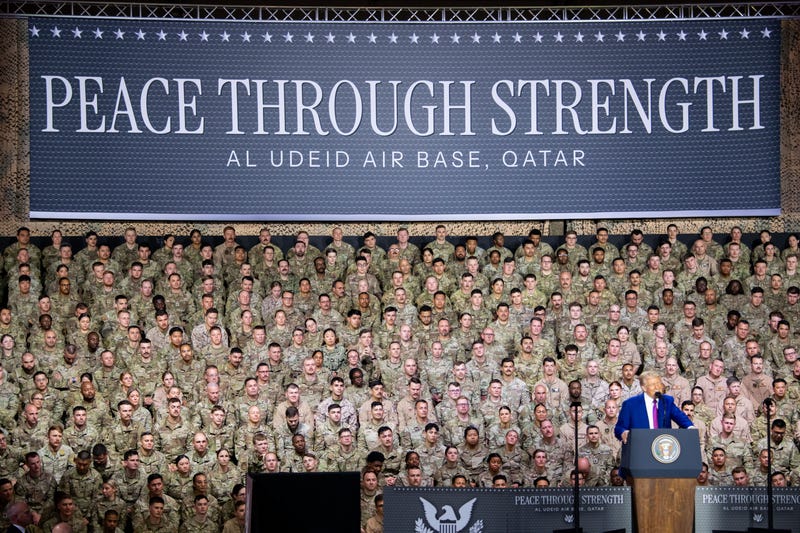 FILE: U.S. forces attend an address by President Donald J. Trump at Al Udeid Air Base, Qatar, May 15, 2025. This marks Trump’s first official visit to the Middle East in his second presidency as part of a diplomatic tour.