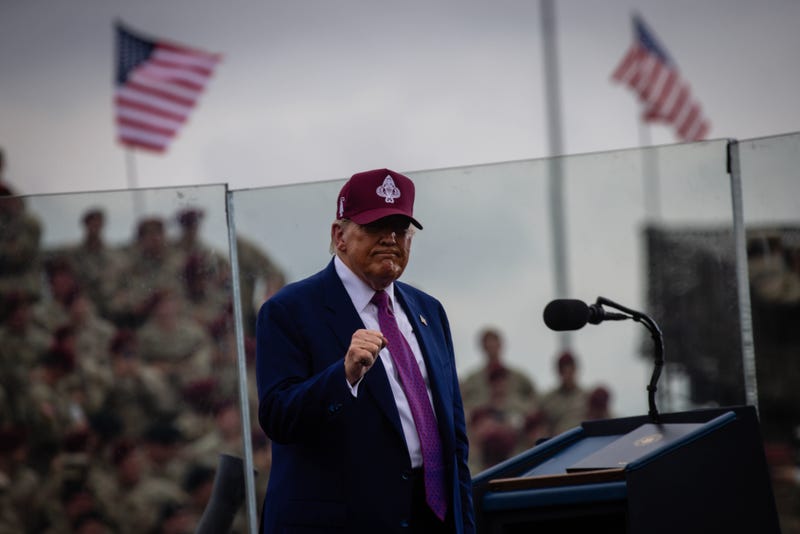 President of the United States Donald J. Trump raises his fist during his speech at the Army’s 250th Birthday Celebration at Fort Bragg, N.C., 10 June 2025. Trump joins Service Members, their families, and community members as we celebrate the 250th birthday of the United States Army. Fort Bragg reflects on the rich history and legacy of service, sacrifice, and dedication.