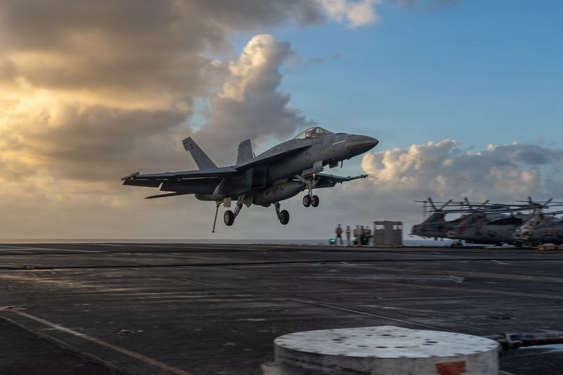 An F/A-18E Super Hornet aircraft, attached to Strike Fighter Squadron 87, lands on the flight deck of the world’s largest aircraft carrier, Ford-class aircraft carrier USS Gerald R. Ford (CVN 78), while underway in the Caribbean Sea, Dec. 7, 2025. 