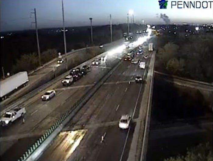 Traffic on I-95 in Delaware County was blocked into the early morning by overnight construction crews on November 17, 2021.