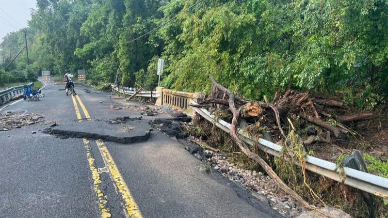 Taylorsville Road in Washington Crossing, Bucks County, was damaged by the weekend's flash floods.