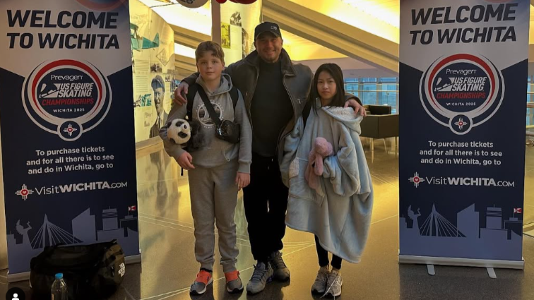 Figure skating coach Sasha Kirsanov (center) is shown with young skaters Sean Kay and Angela Yang in Wichita, Kansas, where they had attended the U.S. Figure Skating Championships National Development Camp.