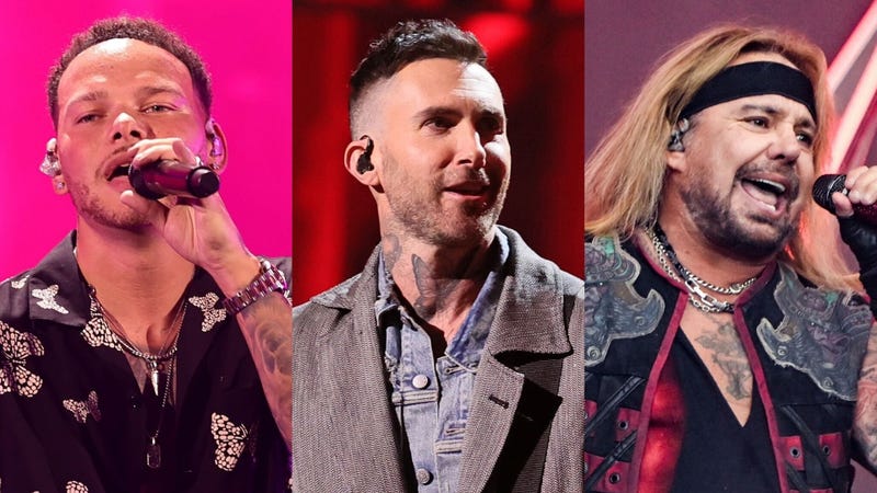 Kane Brown (Matt Winkelmeyer/Getty Images), Adam Levine (Theo Wargo/Getty Images), Vince Neil (Anthony Devlin/Getty Images)
