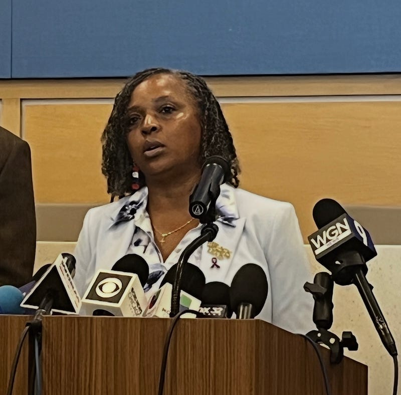 Broadview mayor Katrina Thompson talks to reporters at Village Hall, September 30, 2025.