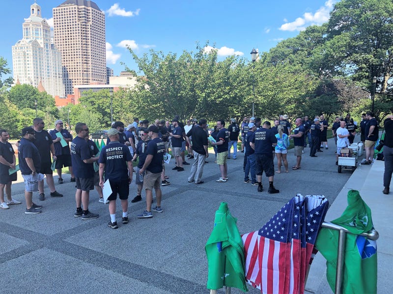 Union corrections officers gather near the steps of the State Capitol in Hartford, 6/30/21