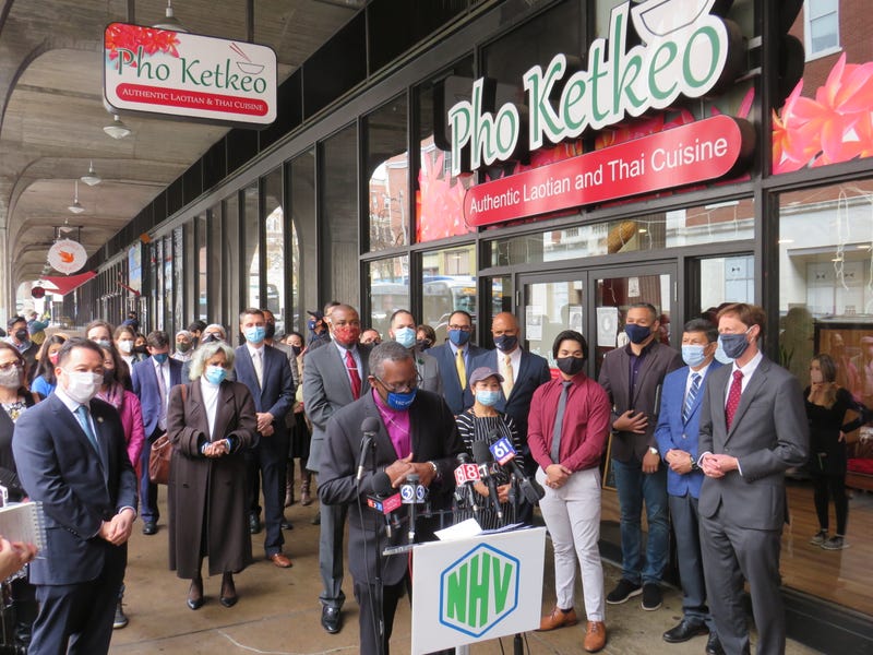 Pastor Dr. Phillip Boone of the Cathedral of Higher Praise in New Haven speaks at the "Hate Has No Home in the Elm City" press conference.
