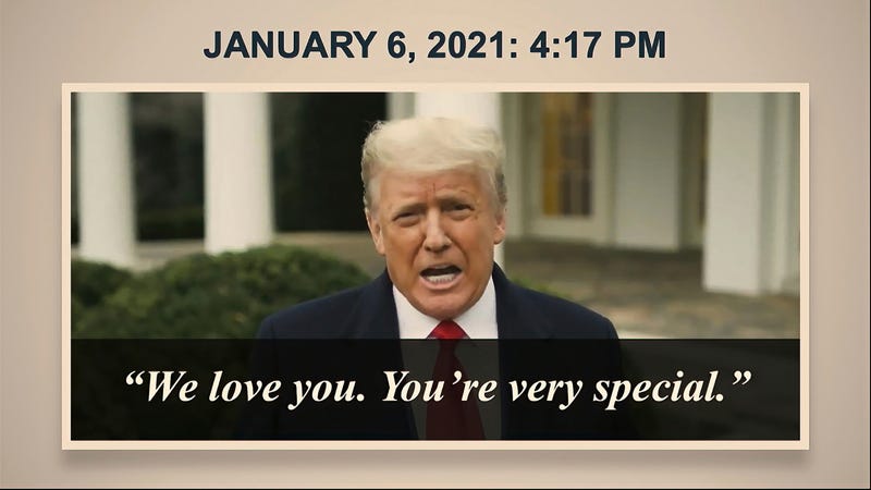In this image from video, Donald Trump is shown to senators as House impeachment manager Rep. Jamie Raskin, D-Md., speaks during the second impeachment trial of former President Donald Trump in the Senate at the U.S. Capitol in Washington, Wednesday, Feb. 10, 2021.