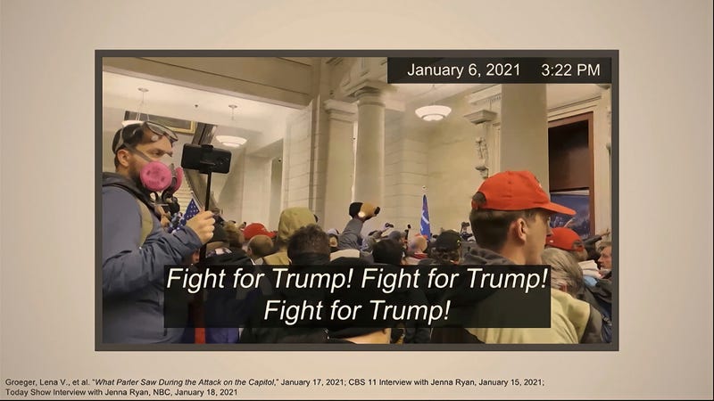 This image from video shows one of many slides presented by Democrats prosecuting the impeachment of former President Donald Trump in the Senate at the U.S. Capitol in Washington, Wednesday, Feb. 10, 2021.