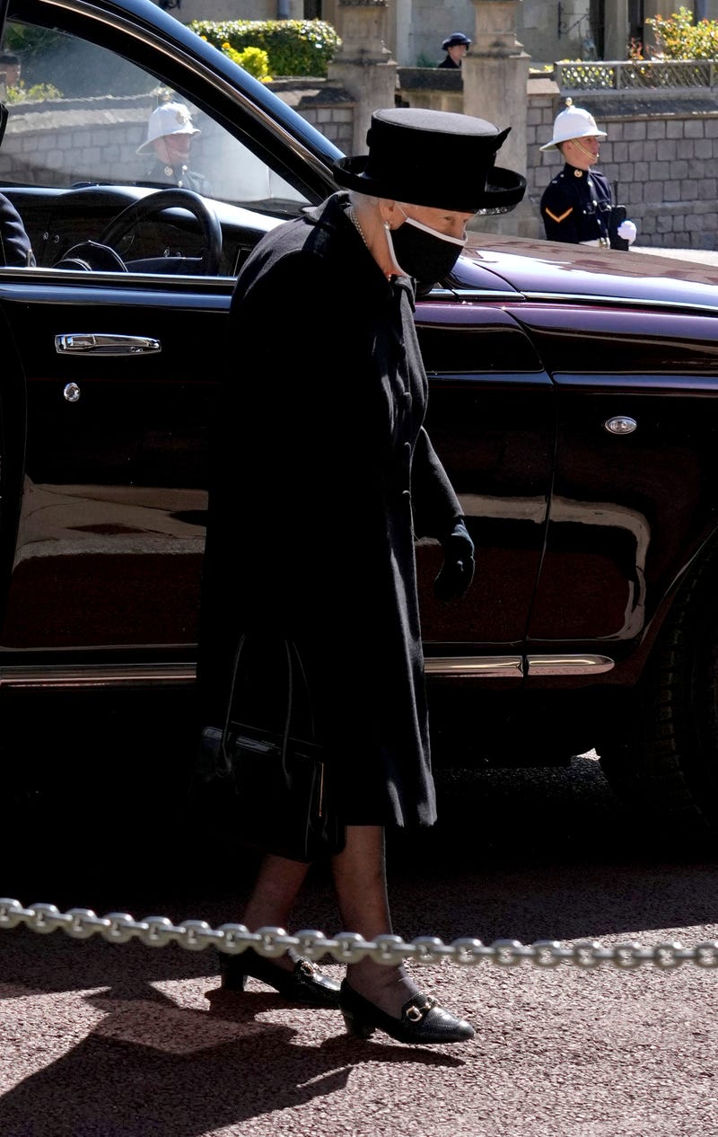 Britain's Queen Elizabeth II arrives ahead of Britain Prince Philip's funeral at Windsor Castle, Windsor, England, Saturday April 17, 2021.
