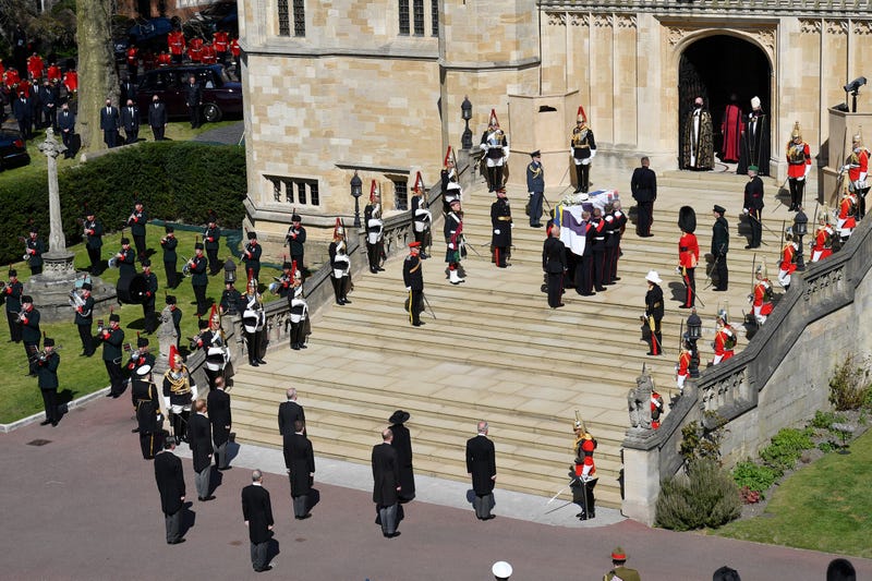 The coffin arrives at St George's Chapel for the funeral of Britain's Prince Philip inside Windsor Castle in Windsor, England, Saturday, April 17, 2021.