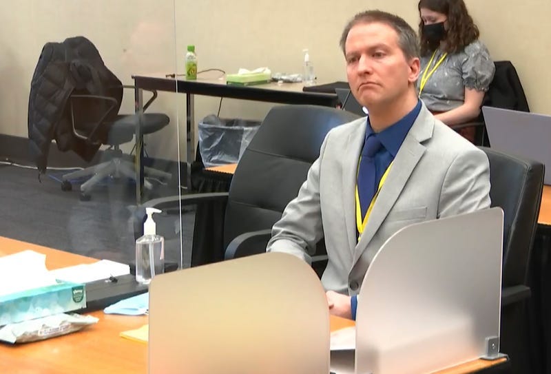 In this image from video, former Minneapolis police Officer Derek Chauvin listens as his defense attorney Eric Nelson gives closing arguments as Hennepin County Judge Peter Cahill preside Monday, April 19, 2021, in the trial of Chauvin at the Hennepin County Courthouse in Minneapolis.