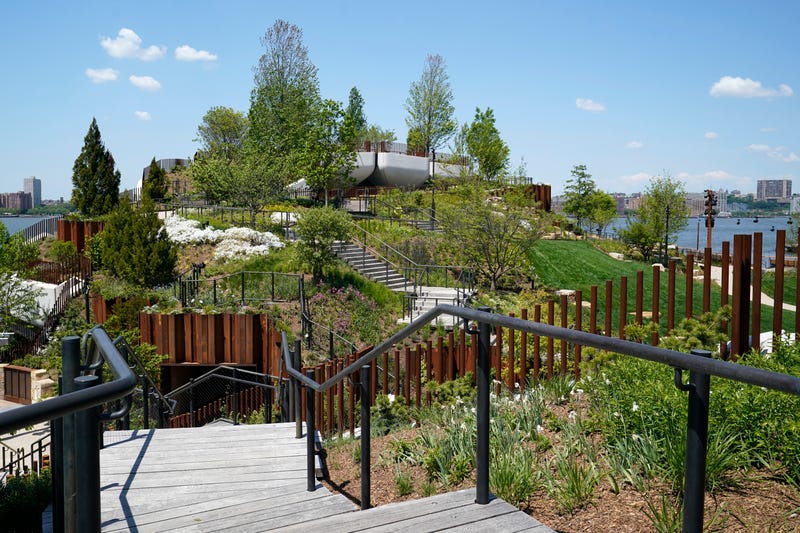 A stairway leads to one of the highest points of Little Island, a new Hudson River Park, on Tuesday, May 18, 2021, in New York