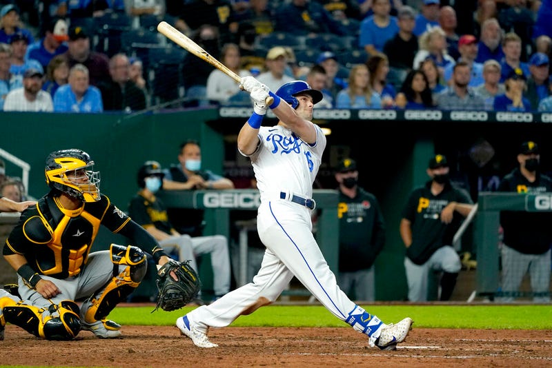 Kansas City Royals' Andrew Benintendi (16) watches his grand slam during the fifth inning