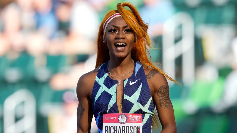 In this June 19, 2021 photo, Sha'Carri Richardson celebrates after winning the first heat of the semis finals in women's 100-meter runat the U.S. Olympic Track and Field Trials in Eugene, Ore. Richardson cannot run in the Olympic 100-meter race after testing positive for a chemical found in marijuana. Richardson, who won the 100 at Olympic trials in 10.86 seconds on June 19, told of her ban Friday, July 2 on the “Today Show.”