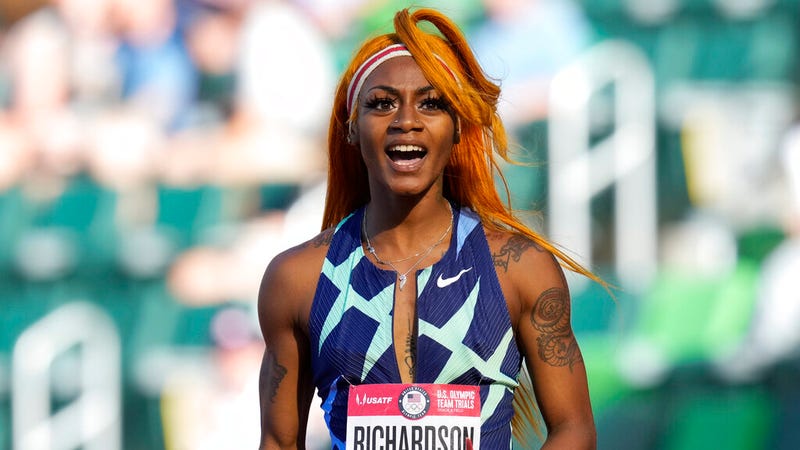 In this June 19, 2021 photo, Sha'Carri Richardson celebrates after winning the first heat of the semis finals in women's 100-meter runat the U.S. Olympic Track and Field Trials in Eugene, Ore. Richardson cannot run in the Olympic 100-meter race after testing positive for a chemical found in marijuana. Richardson, who won the 100 at Olympic trials in 10.86 seconds on June 19, told of her ban Friday, July 2 on the “Today Show.”