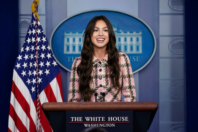 Teen pop star Olivia Rodrigo speaks at the beginning of the daily briefing at the White House in Washington, Wednesday, July 14, 2021. Rodrigo is at the White House to film a video to promote vaccines.
