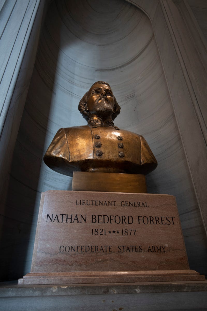 The bust of Nathan Bedford Forrest rests in the State Capitol Thursday, July 22, 2021 in Nashville, Tenn. The State Building Commission on Thursday gave approval for the relocation of the Forrest bust to the Tennessee State Museum, a final step in a process that has taken more than a year since Gov. Bill Lee first said it was time for the statue to be moved.