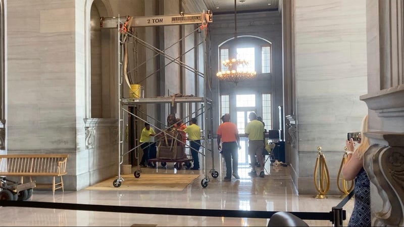 The Nathan Bedford Forrest bust is removed from inside of the Tennessee Capitol on Friday, July 23, 2021 in Nashville. Tennessee’s State Building Commission voted 5-2 to remove the bust of the Confederate general and early Ku Klux Klan leader on Thursday, the final hurdle in a months-long process.