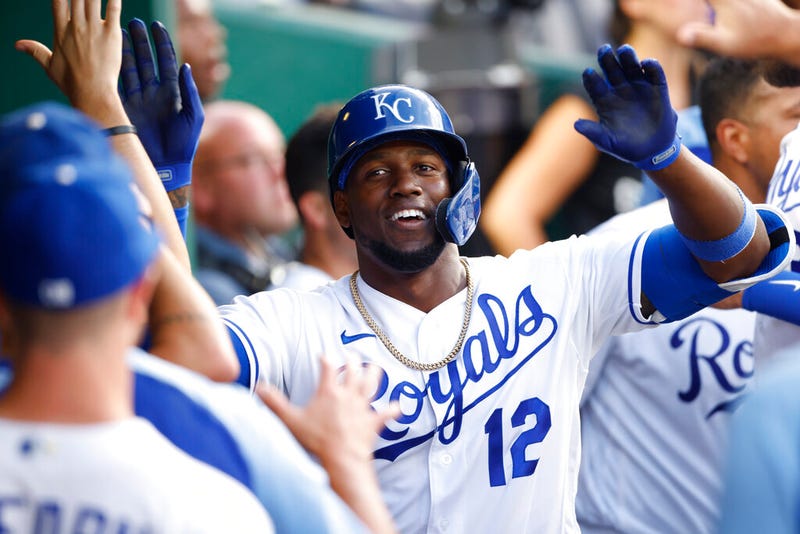 Kansas City Royals' Jorge Soler celebrates in the dugout after hitting a home run during the fourth inning