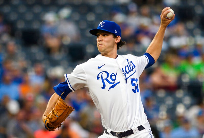 Kansas City Royals starting pitcher Daniel Lynch throws to a Houston Astros batter during the first inning