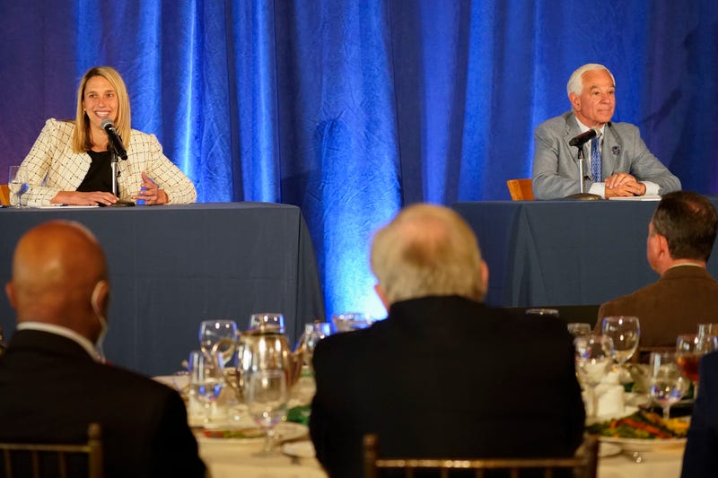 State. Rep. Caroline Simmons, left, D-Stamford, and Former New York Mets manager Bobby Valentine debate during a Stamford mayoral debate Thursday, Oct. 21, 2021, in Darien, Conn