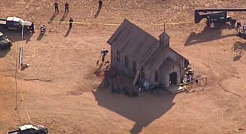 This aerial video image provided by KOAT 7 News, shows Santa Fe County Sheriff's Officers responding to the scene of a fatal accidental shooting at a Bonanza Creek, Ranch movie set near Santa Fe, N.M. Thursday, Oct. 21, 2021