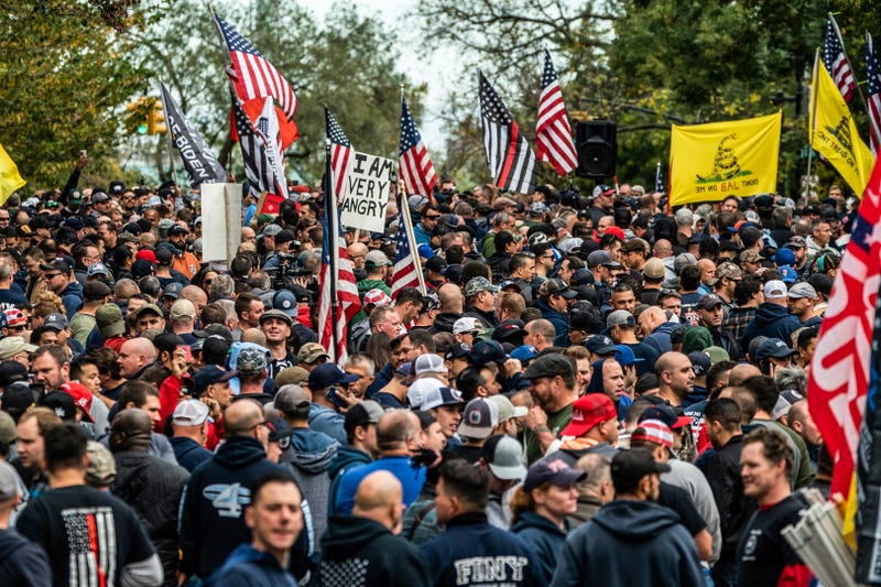 Firefighters rally outside Mayor Bill De Blasio's residence Gracie Mansion to protest COVID-19 vaccine mandate for city workers, Thursday, Oct. 28, 2021, in New York