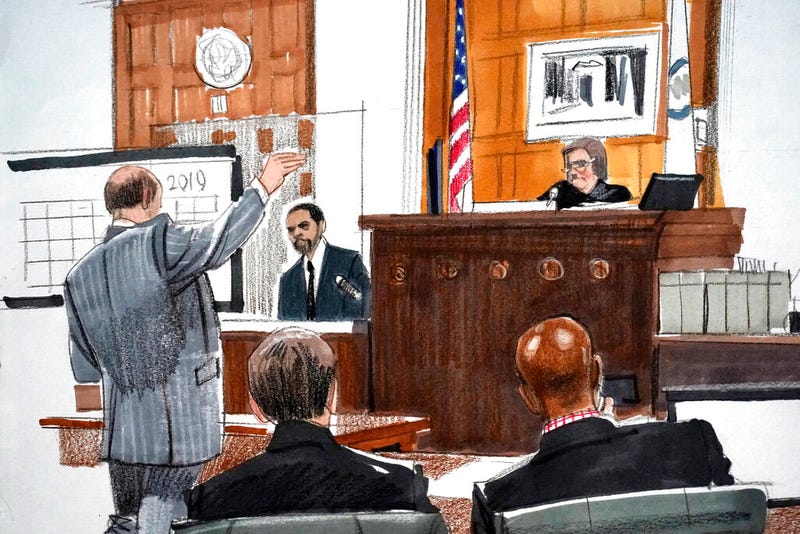 In this courtroom sketch, Special prosecutor Dan Webb, left, cross examines actor Jussie Smollett as Cook County Judge James Linn and members of Webb's team listen Tuesday, Dec. 7, 2021, in Chicago. 