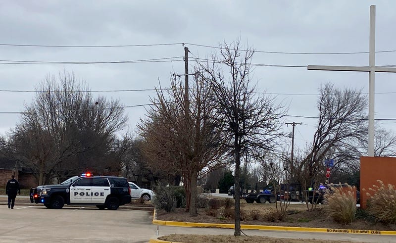 Colleyville police secure the area around Congregation Beth Israel synagogue on Saturday, Jan. 15, 2022 in Colleyville, Texas.