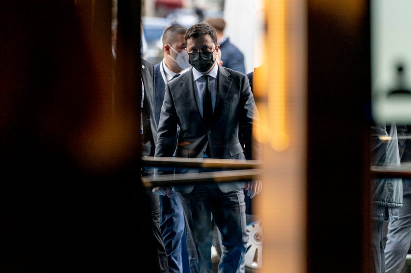 Ukrainian President Volodymyr Zelenskyy walks into the Bayerischer Hof Hotel after meeting with Vice President Kamala Harris during the Munich Security Conference, Saturday, Feb. 19, 2022, in Munich.