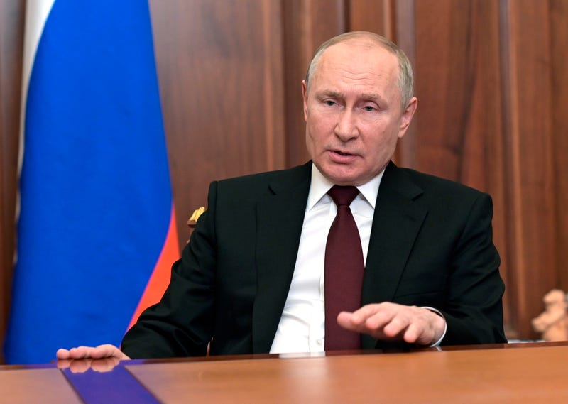 Russian President Vladimir Putin addresses the nation in the Kremlin in Moscow, Russia, Monday, Feb. 21, 2022