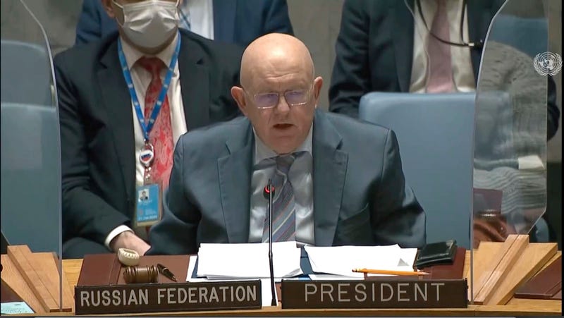 In this image made from UNTV video, Russia's Ambassador to the United Nations Vasily Nebenzya speaks during an emergency U.N. Security Council meeting on Ukraine, at the U.N. headquarters, Monday, Feb. 21, 2022