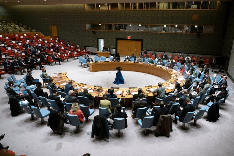 In this image provided by the United Nations, the U.N. Security Council meets for an emergency session on Ukraine, Monday, Feb. 21, 2022, at the U.N. headquarters