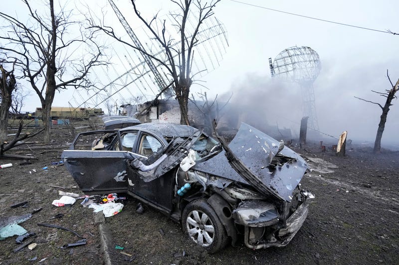 Damaged radar arrays and other equipment is seen at Ukrainian military facility outside Mariupol, Ukraine, Thursday, Feb. 24, 2022