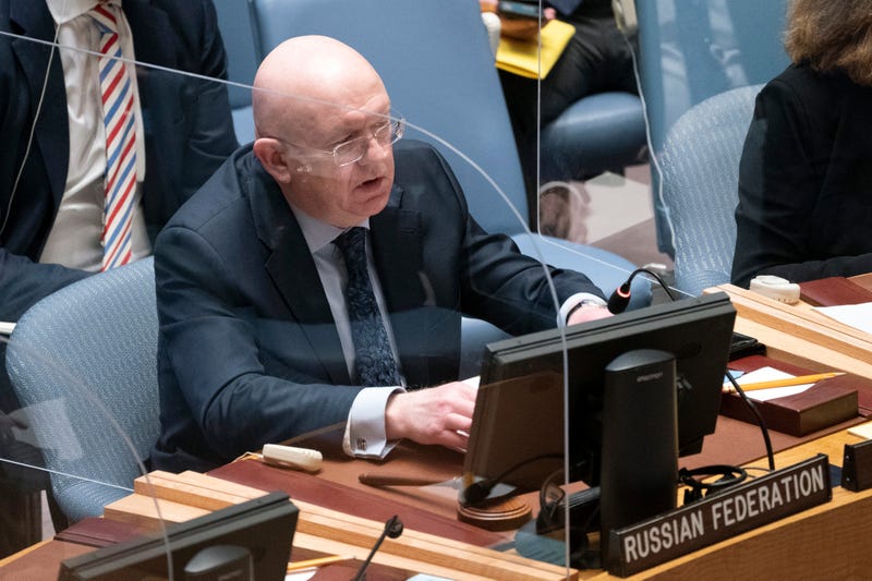 Vasily Nebenzya, Russian ambassador to the United Nations, speaks during a meeting of the security council, Monday, Feb. 28, 2022, at United Nations headquarters.