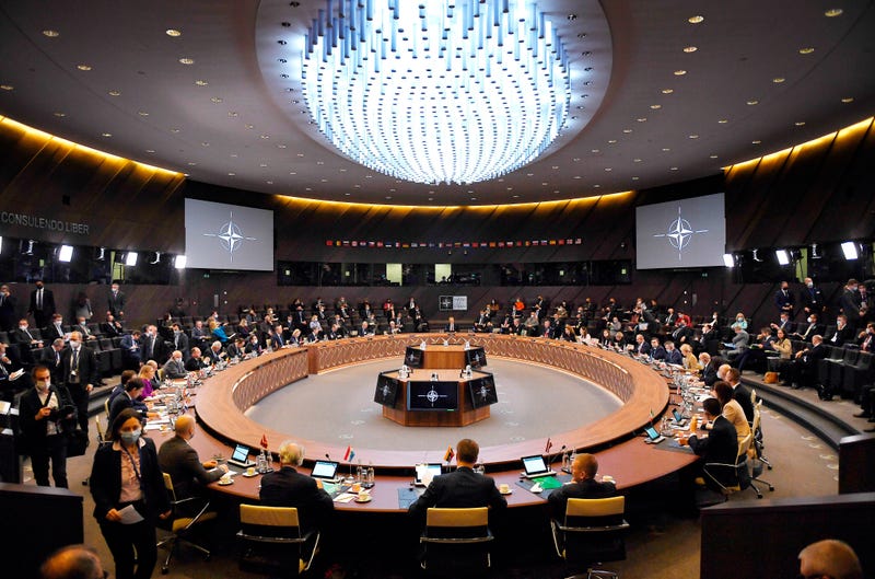 NATO ministers attend the North Atlantic Council during an extraordinary NATO foreign ministers meeting at NATO headquarters in Brussels, Friday, March 4, 2022