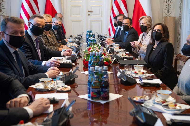 Poland's President Andrzej Duda, second left, sits opposite US Vice President Kamala Harris, during a meeting at Belwelder Palace, in Warsaw, Poland, Thursday, March 10, 2022
