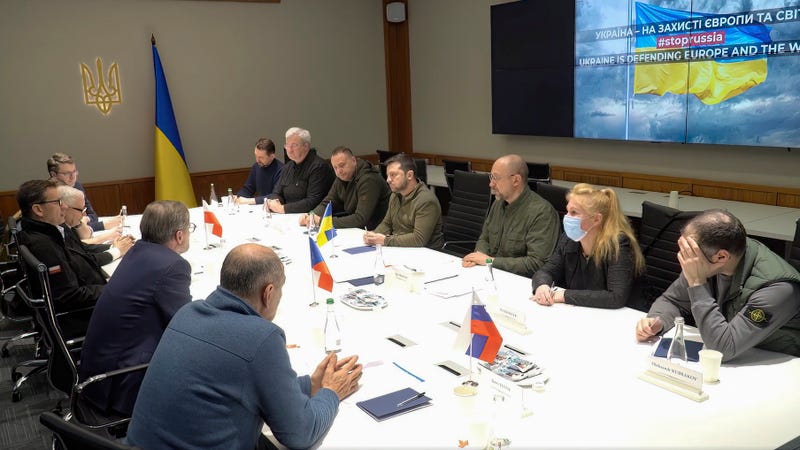 Ukrainian President Volodymyr Zelenskyy speaks during a meeting with European leaders in Kyiv on Tuesday