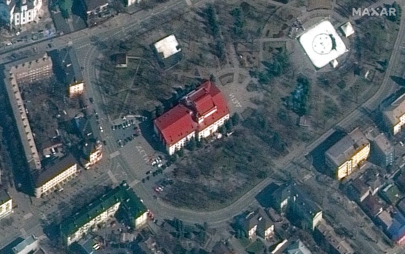 This satellite image provided by Maxar Technologies shows the Mariupol Drama Theater in Mariupol, Ukraine on Monday, March 14, 2022