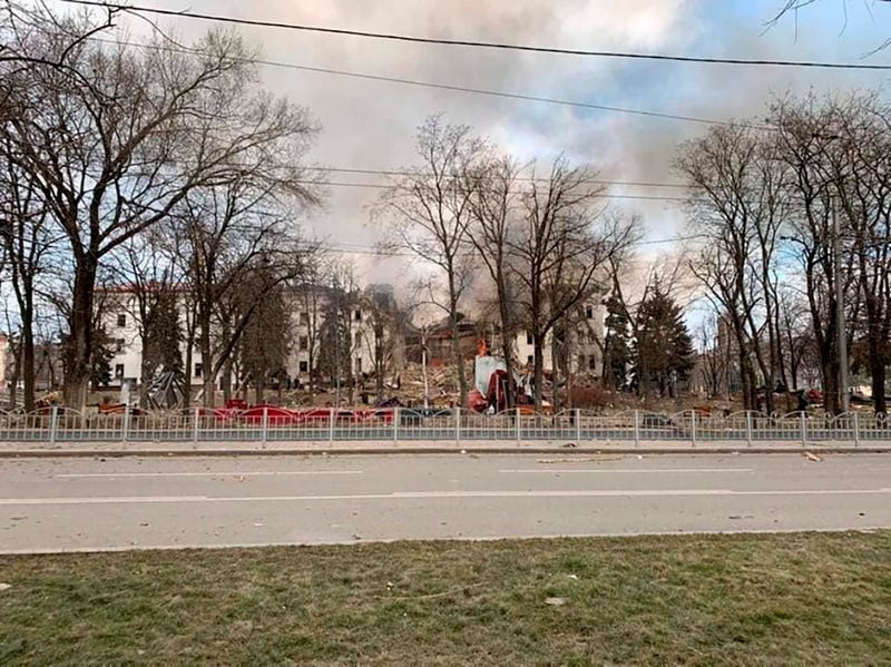 This photo released by Donetsk Regional Civil-Military Administration Council on Wednesday, March 16, 2022 shows the Drama Theatre, damaged after shelling, in Mariupol, Ukraine