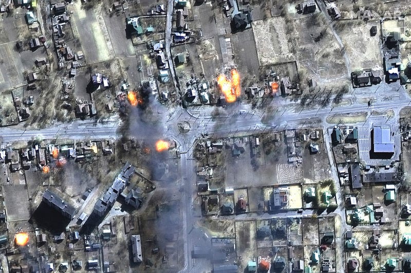 This satellite image provided by Maxar Technologies shows burning buildings in a residential area in northeast Chernihiv, Ukraine on Wednesday, March 16, 2022