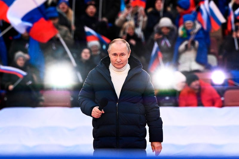 Russian President Vladimir Putin delivers his speech at the concert marking the eighth anniversary of the referendum on the state status of Crimea and Sevastopol and its reunification with Russia, in Moscow, Russia, Friday, March 18, 2022