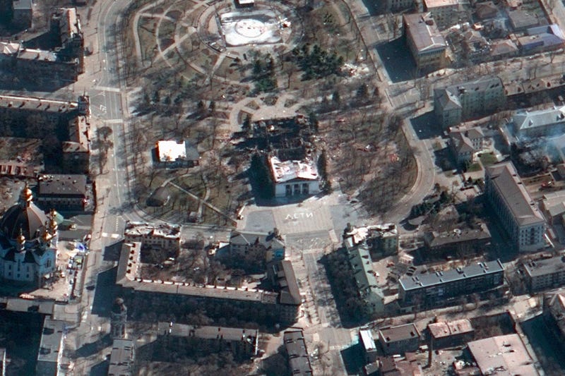 This satellite image provided by Maxar Technologies on Saturday, March 19, 2022 shows the aftermath of the airstrike on the Mariupol Drama theater, Ukraine, and the area around it